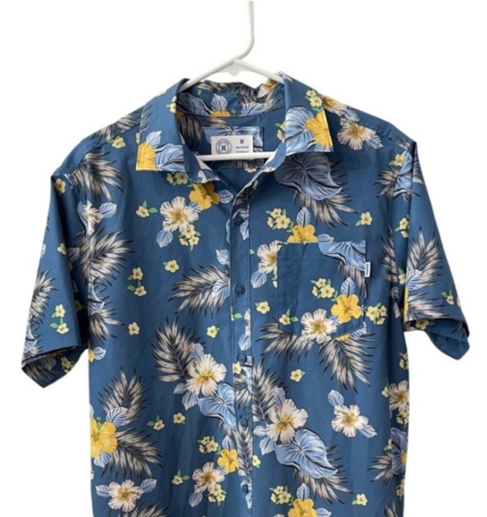 New HURLEY Hawaiian Shirt Mens M Button Down Short Sleeve Floral Blue Stretch